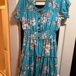 Floral Blue Dress with Shirred Details
